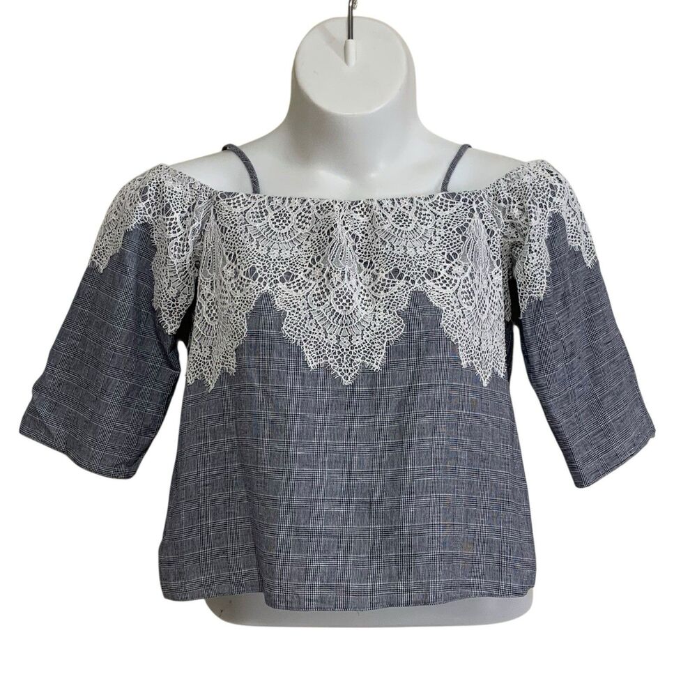 Zara Off-Shoulder Crop Top Women's Size Medium Blue Plaid & Lace Linen Blend